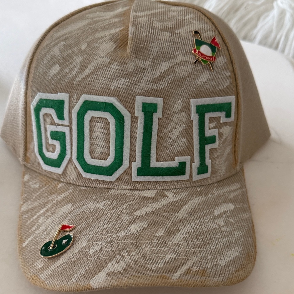 Tan  Golf Cap with Green Lettering
